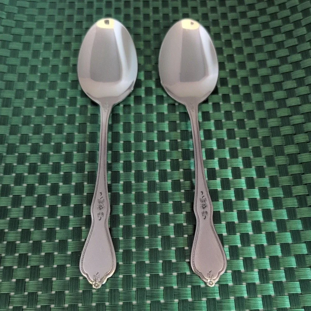 Oneida MORNING BLOSSOM Soup Spoons Set Lot of 2 Stainless Burnished Floral USA